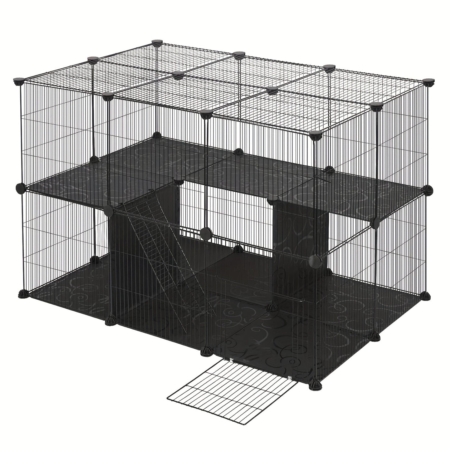 Cage d'extérieur avec panneaux de sol, cage à lapins, parc pour hamster, enclos pour chat, enclos pour petits animaux, cage pour chat, espacement des barreaux 1,5 cm, noir et blanc 105X70X70 cm
