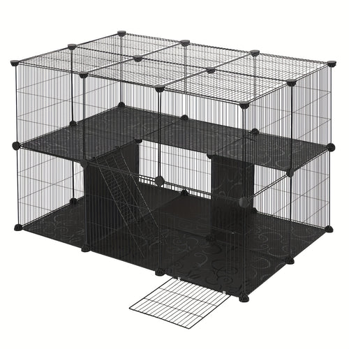 Cage d'extérieur avec panneaux de sol, cage à lapins, parc pour hamster, enclos pour chat, enclos pour petits animaux, cage pour chat, espacement des barreaux 1,5 cm, noir et blanc 105X70X70 cm