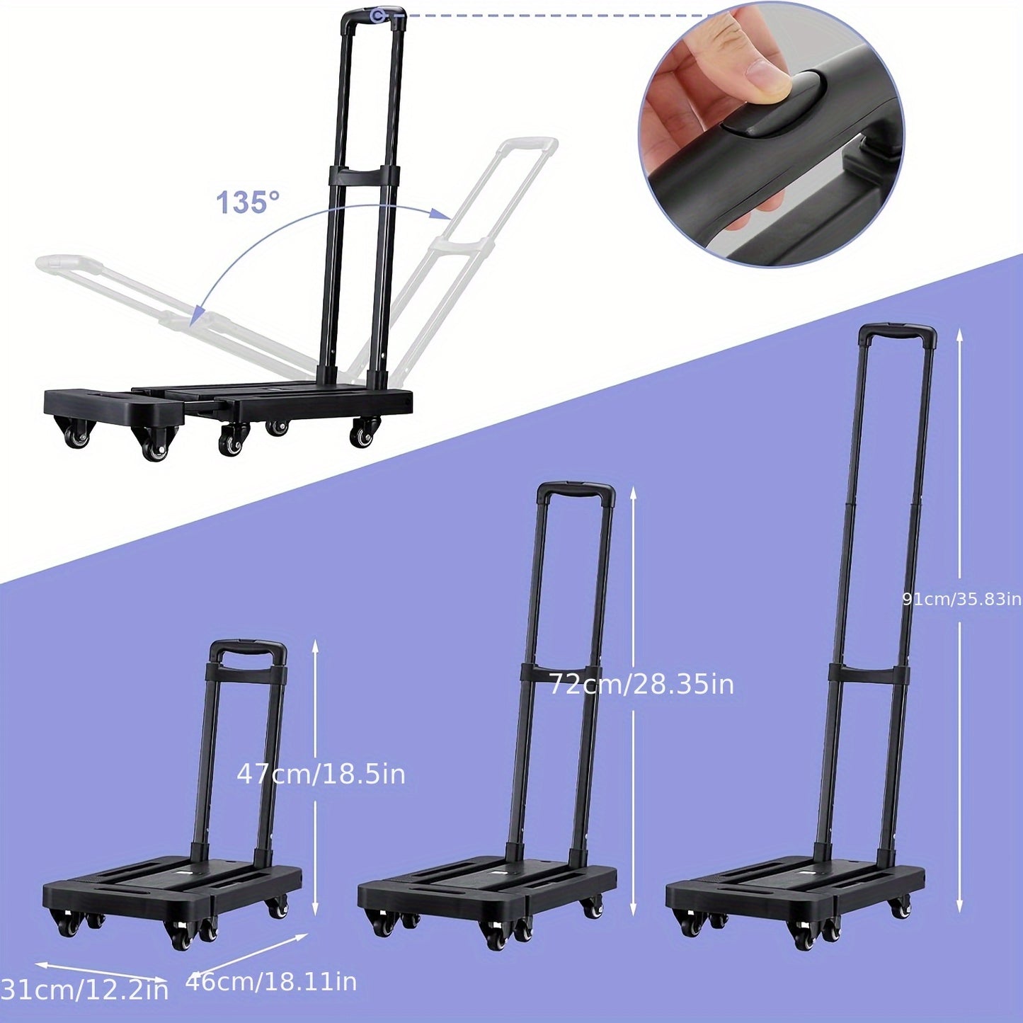 Chariot pliable avec 2 cordes élastiques, 6 roues, capacité 200 kg, pour bagages, voyages, courses, déménagement et bureau