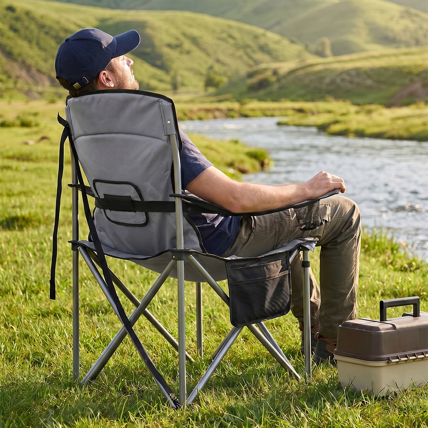 Chaise de camping, capacité 220 kg, chaise de camping pliante avec sac isotherme, porte-gobelet, sac de transport, dossier haut, confortablement rembourrée, chaise de pêche, chaise pliante pour jardin, balcon, plage, noir et vert/noir et gris/noir et oran