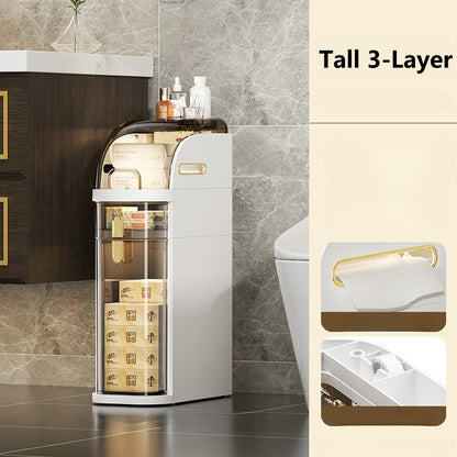 Meuble de rangement de salle de bain ultra-mince à 5 niveaux | Rangement au sol autonome avec tiroirs et poignées, adapté aux petits espaces, buanderies, cuisines, chambres, couloirs, plastique durable, design classique, à roulettes, idéal pour les appart