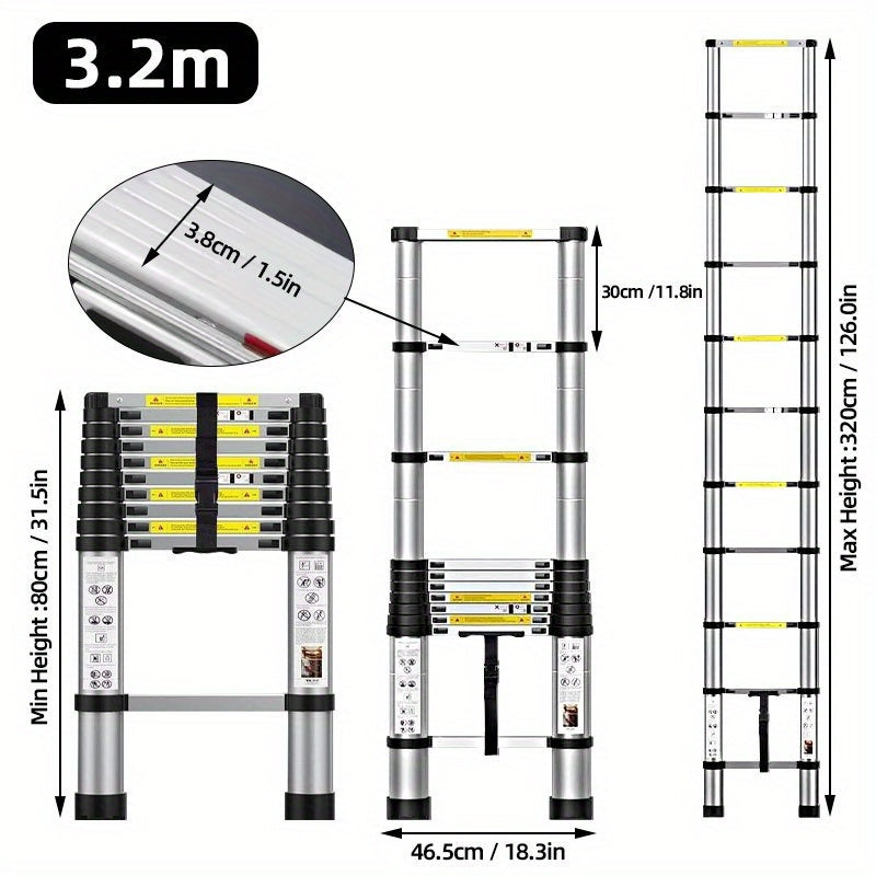 Échelle télescopique en acier inoxydable allant de 2,6 à 6,3 mètres - un design robuste, portable et pliable avec des pieds en caoutchouc antidérapants et un verrou de sécurité, idéal pour la peinture murale, l'accès polyvalent à la hauteur, les travaux d
