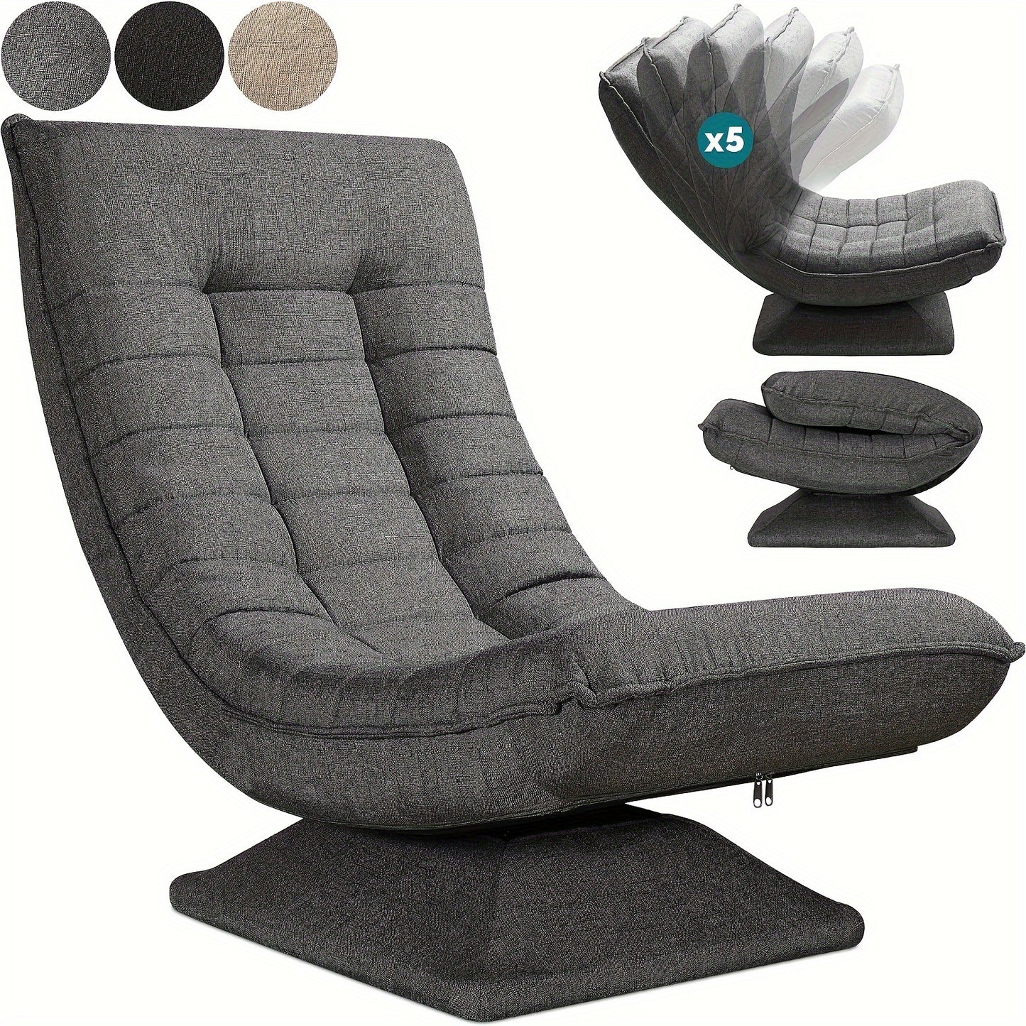 Fauteuil Canapé, Chaise de Sol, Dossier Réglable Rotation 360° Pliable Capacité de Charge 150Kg Design Élégant et Confort Abordable, L'Idéal pour la Décoration Intérieure, Offrant Un Endroit Confortable pour Se Détendre. Noir, Gris