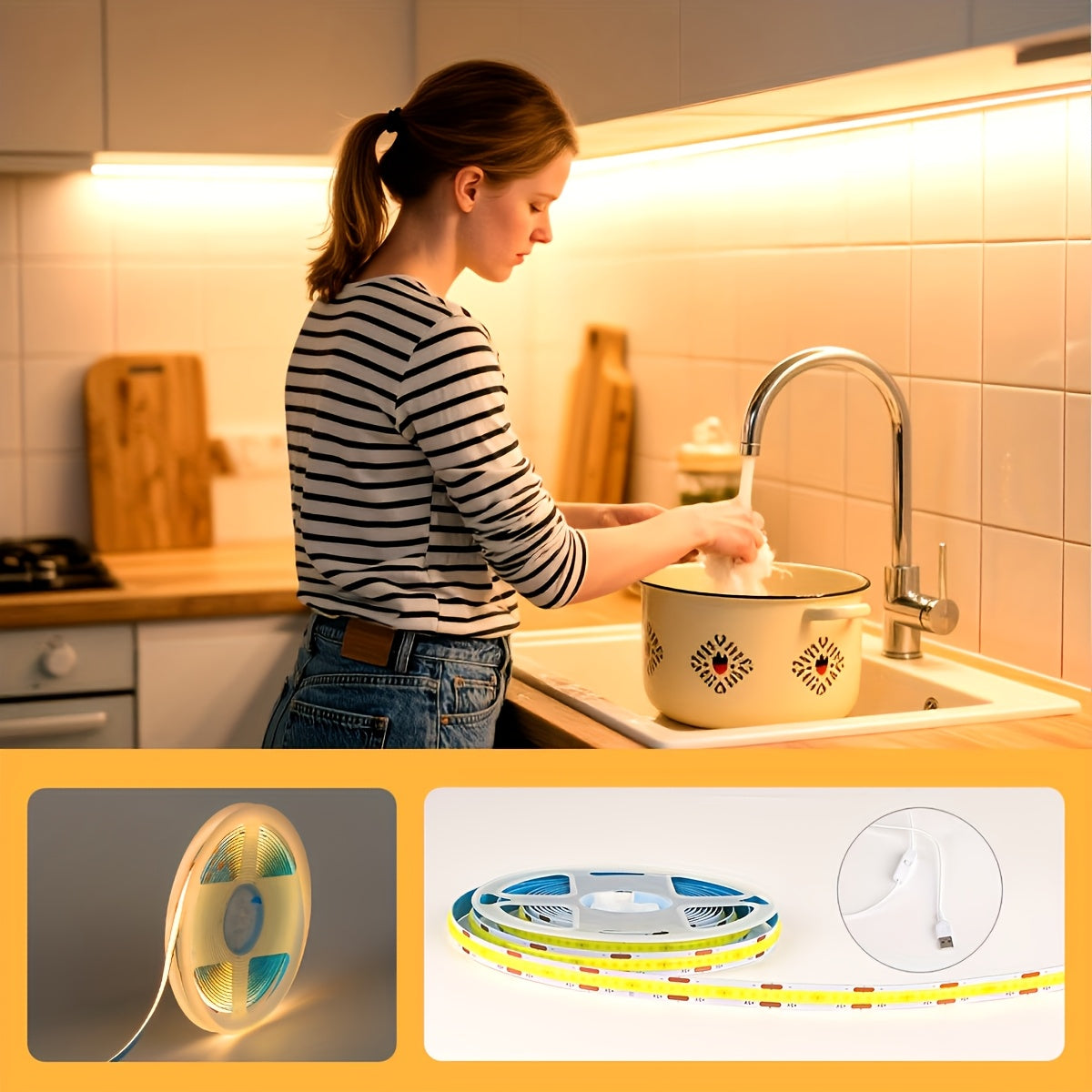 Bande Lumineuse LED COB HOTU, Alimentation USB Flexible Auto-Adhésive Découpable 400 Lampes, Conception Mètre Sans Faisceau pour Meubles Armoire, Base de Cuisine, Éclairage Ambiant Chambre Blanc Chaud, Couleur Lumière du Jour Réglable