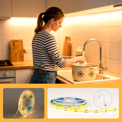 Bande Lumineuse LED COB HOTU, Alimentation USB Flexible Auto-Adhésive Découpable 400 Lampes, Conception Mètre Sans Faisceau pour Meubles Armoire, Base de Cuisine, Éclairage Ambiant Chambre Blanc Chaud, Couleur Lumière du Jour Réglable