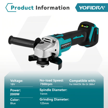 Meuleuse d'angle sans fil robuste 125 mm/5" - Machine de meulage et de polissage électrique à moteur sans balais, compatible avec les batteries Makita 18 V (batterie non incluse), puissante 2000 W, compacte et légère pour usage professionnel/résidentiel