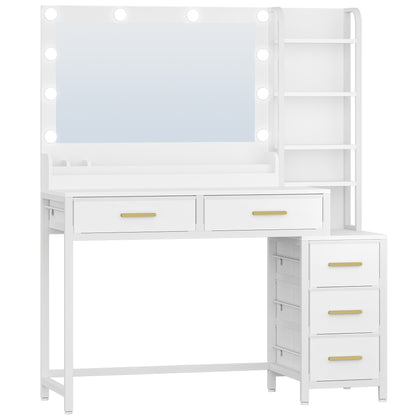 Coiffeuse avec grand miroir, 5 tiroirs, 5 compartiments ouverts, espace de rangement devant le miroir, moderne, blanche, 40 × 110 × 141 cm