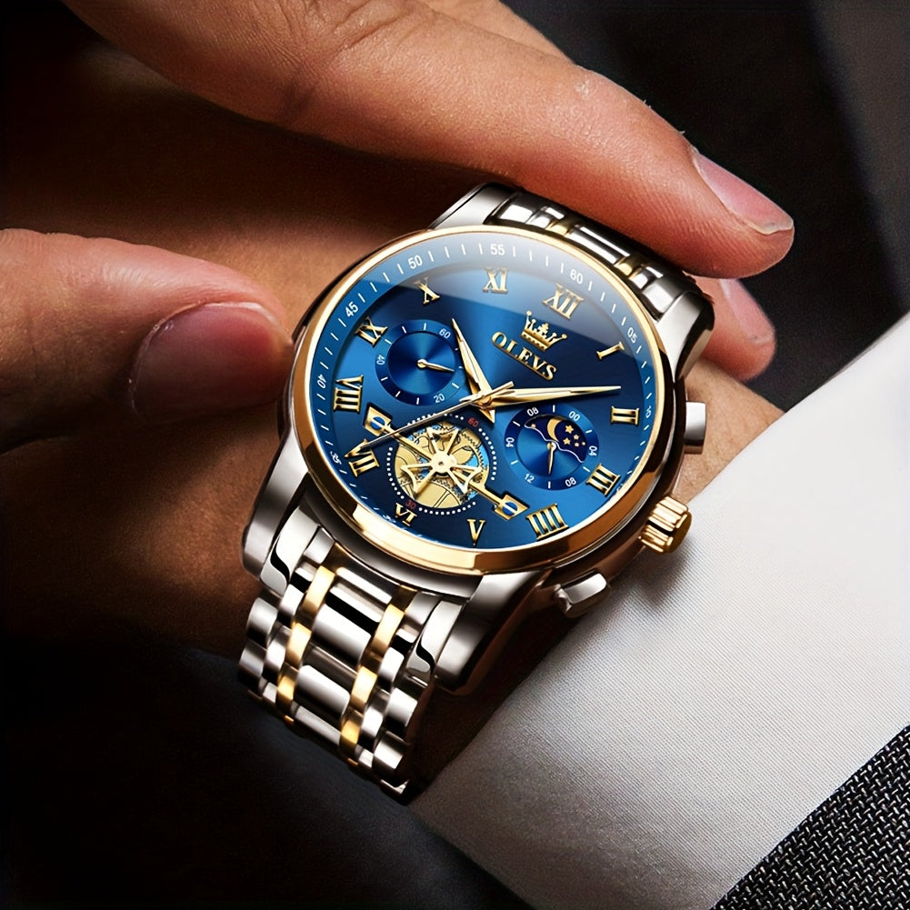 Montres pour Hommes OLEVS Montre à Quartz de Luxe avec Bracelet en Acier Inoxydable, Numéros Romains et Phases Lunaires Lumineuses, Classique Élégante, Cadeaux Romantiques de Noël, Relojes de Hombre Bleu/Noir/Blanche/Cadran Doré