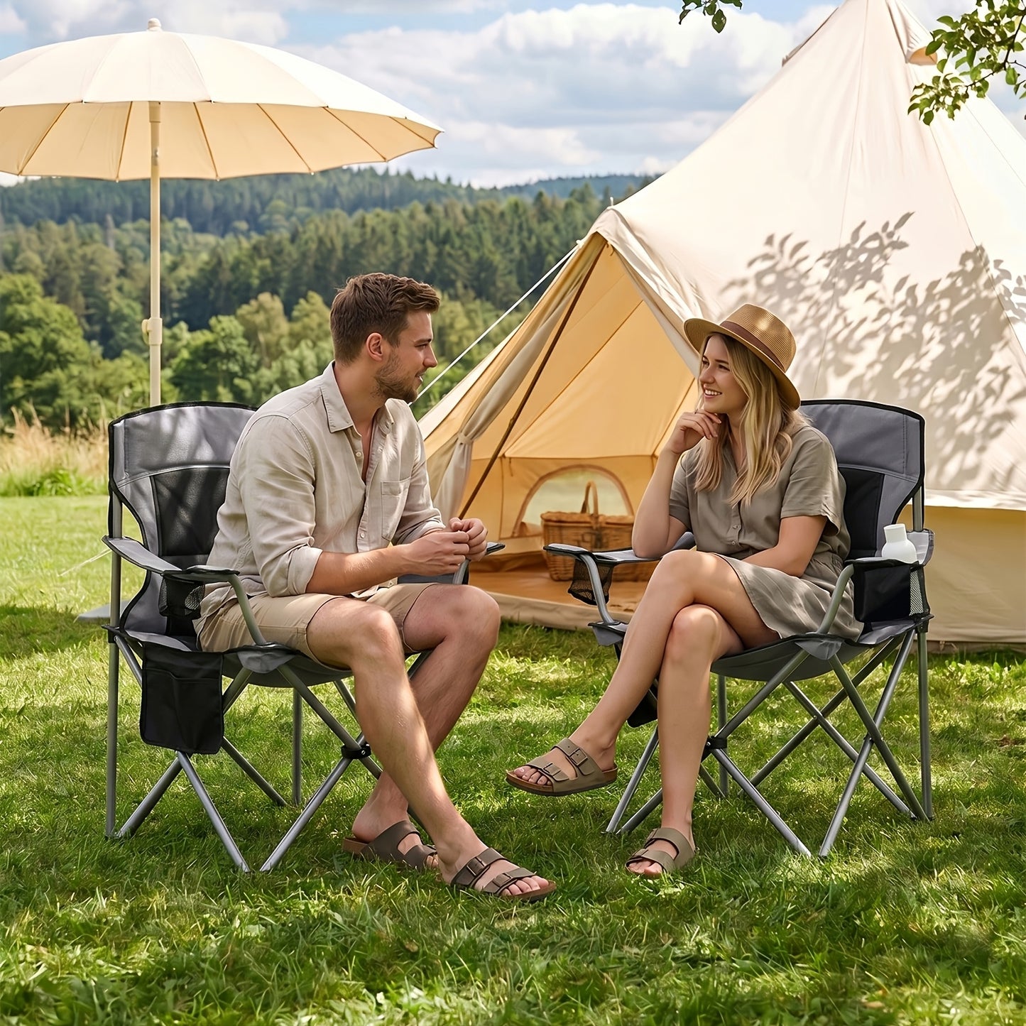 Chaise de camping, capacité 220 kg, chaise de camping pliante avec sac isotherme, porte-gobelet, sac de transport, dossier haut, confortablement rembourrée, chaise de pêche, chaise pliante pour jardin, balcon, plage, noir et vert/noir et gris/noir et oran