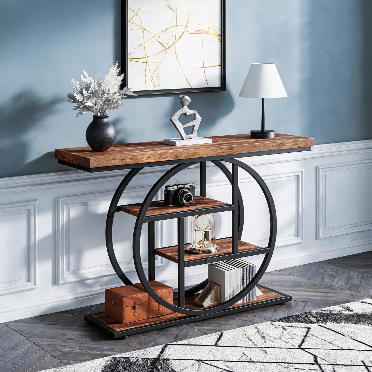 Table Console Moderne à 4 Niveaux avec Base Circulaire, Table d'Entrée Étroite en Bois avec Étagères de Rangement pour Salon, Couloir, Entrée