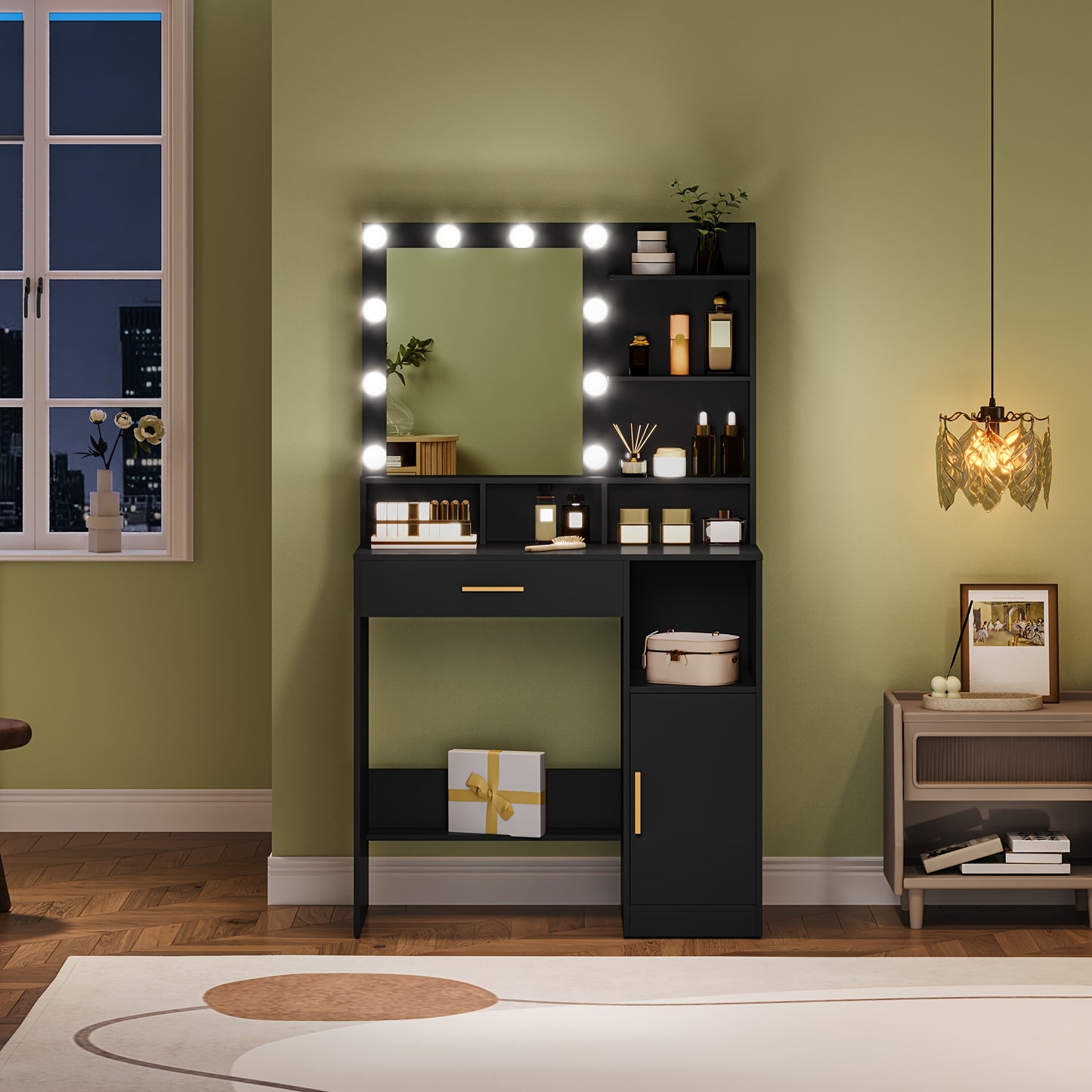 Coiffeuse avec Miroir et 10 Lumières LED, Coiffeuse avec 3 Étagères et 4 Compartiments Ouverts, Coiffeuse avec Grand Tiroir et Placard, 3 Niveaux d'Éclairage Réglables, Blanc, Gris Beige