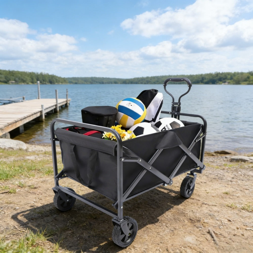 Chariot de Plage Pliable en Acier Allié pour Équipement d'Athlétisme avec Porte-Boisson, Poignée Réglable, Capacité de Charge de 80 kg, Roues Pivotantes et Poignée Réglable, Idéal pour les Activités en Plein Air