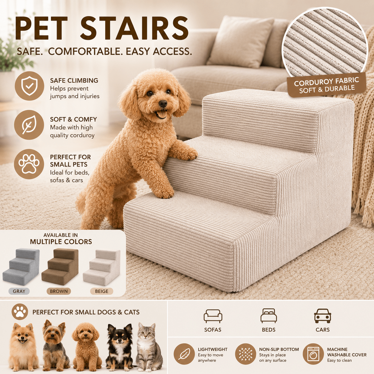 Escalier pour chiens et chats – 3 marches, velours côtelé doux, dessous antidérapant, housse amovible, rampe, plateforme