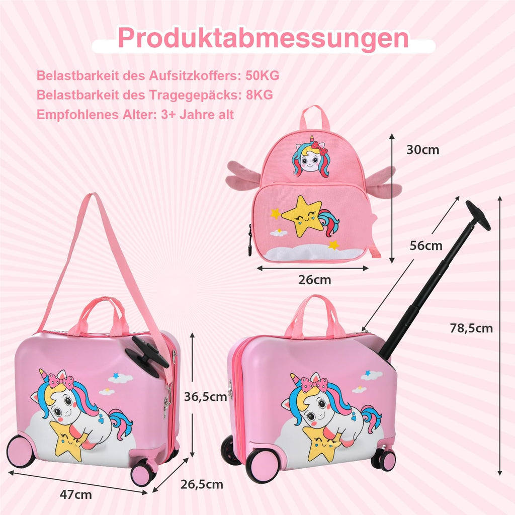 Ensemble valise + sac à dos pour enfants 2 pièces, valise à roulettes et coque rigide 12"+18" pour enfants, bagage pour enfants, valise à roulettes avec sac à dos pour garçons et filles (Licorne)