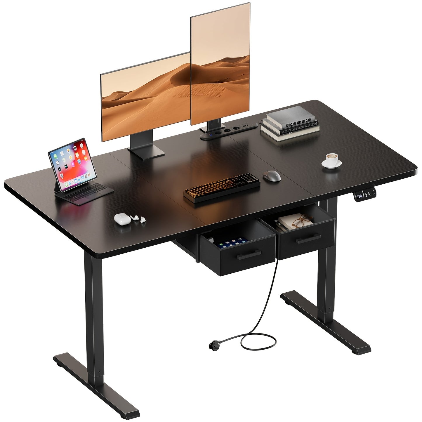 Furnishia Bureau Vertical Électrique avec Panneau Intelligent à Mémoire et 2 Tiroirs, Bureau à Hauteur Réglable avec Prises de Courant, pour Bureau d'Ordinateur à Domicile, Poste de Travail d'Écriture et Chambre à Coucher