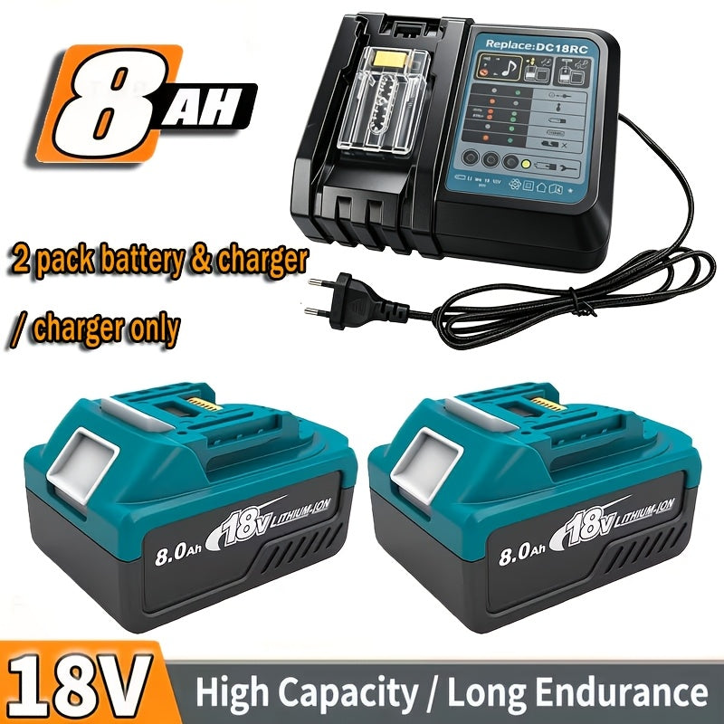 Batterie 18V 8.0Ah améliorée 2pcs + Chargeur / Chargeur exclusif pour Makita BL1860B - Lithium-ion haute capacité 8000Mah, ports de charge Type-C, système 6-Protect, compatible avec les outils/chargeurs Makita 18V & charge multi-appareils pour la maison