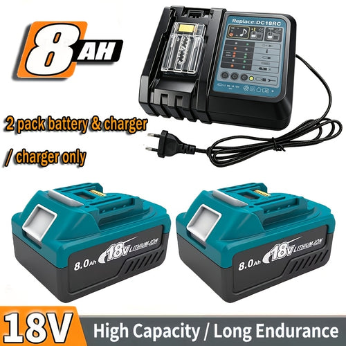 Batterie 18V 8.0Ah améliorée 2pcs + Chargeur / Chargeur exclusif pour Makita BL1860B - Lithium-ion haute capacité 8000Mah, ports de charge Type-C, système 6-Protect, compatible avec les outils/chargeurs Makita 18V & charge multi-appareils pour la maison