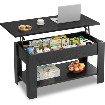Table Basse Réglable en Hauteur avec Étagère, Table de Salon Rectangulaire avec Espace de Rangement Ouvert et Caché, Table de Salon pour Salon, Chambre à Coucher