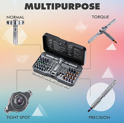 Jeu d'outils magnétique compact à cliquet détachable en forme de T, kit de tournevis multifonction pour bricolage et entretien domestique, avec douilles et clés Torx, rangement magnétique