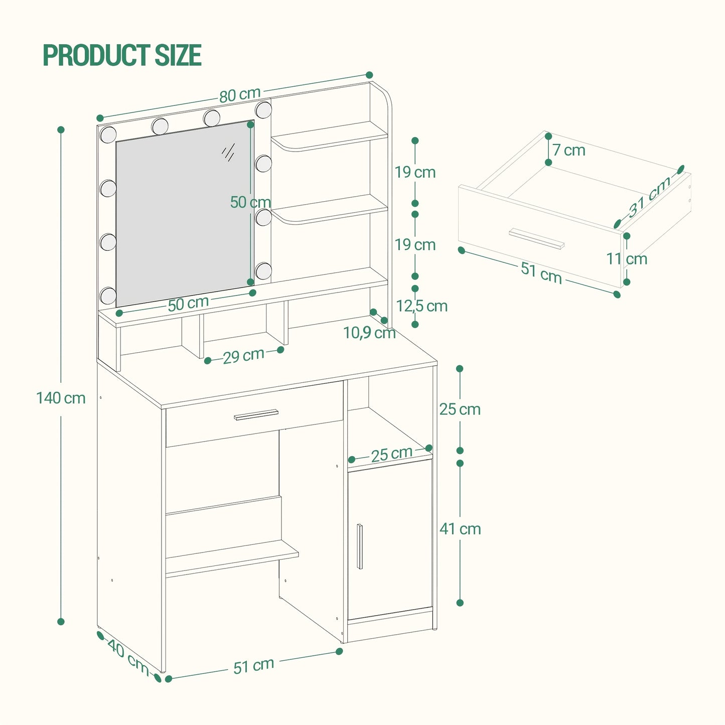 Un coiffeuse avec miroir, une commode avec trois étagères et quatre compartiments ouverts, une coiffeuse avec de grands tiroirs et armoires, et trois niveaux de luminosité réglables, sans tabouret.