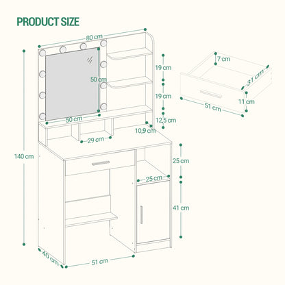 Un coiffeuse avec miroir, une commode avec trois étagères et quatre compartiments ouverts, une coiffeuse avec de grands tiroirs et armoires, et trois niveaux de luminosité réglables, sans tabouret.