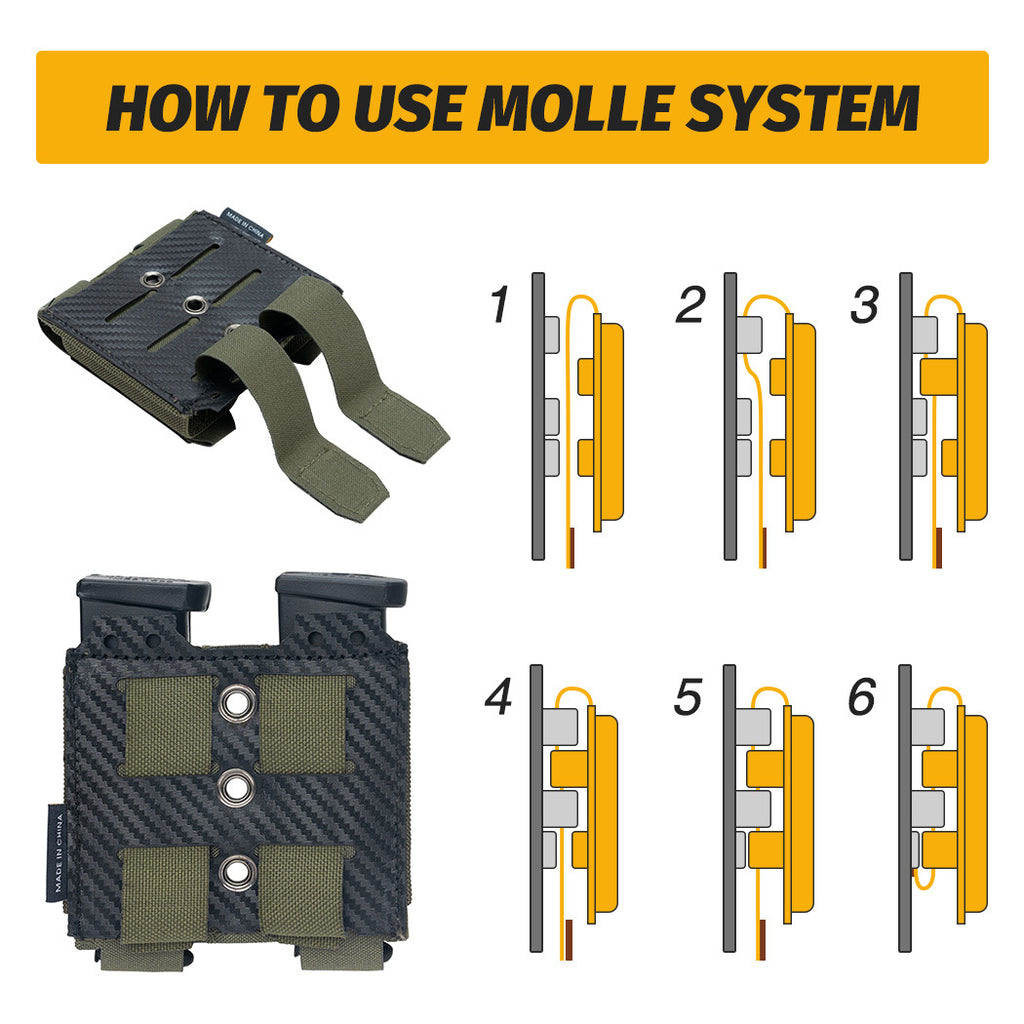 1 Étui de chargeur Molle IDOGEAR | Porte-pistolet élastique à double rangée avec panneau à boucle intérieure, coque rigide découpée au laser, fermeture à cordon, nylon, couleurs mélangées