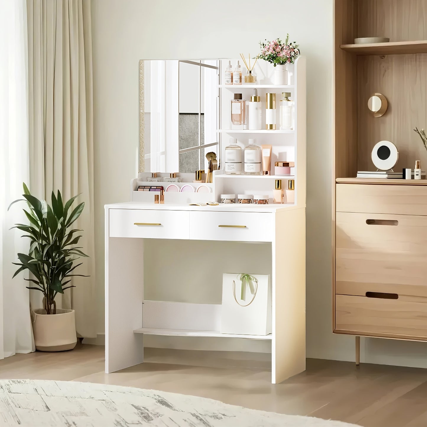 Table à toilette avec miroir, unité de toilette avec 4 étagères ouvertes et 2 compartiments, table à toilette avec 2 tiroirs, pour chambre à coucher, salon, ne comprend pas le tabouret