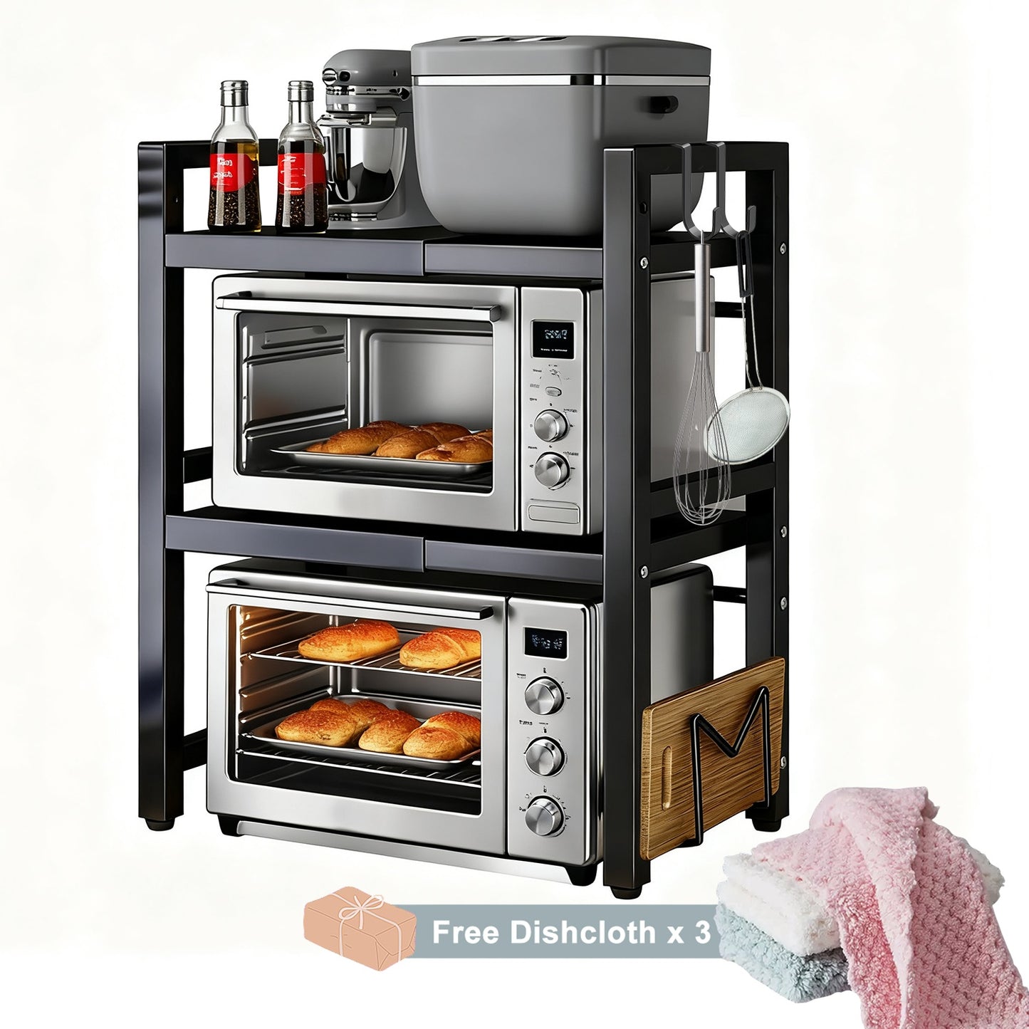 Étagère micro-ondes extensible 2/3 niveaux avec 2 crochets, un porte-planche à découper et 3 serviettes. Largeur réglable de 40 cm à 64 cm, hauteur ajustable. Idéale pour cuisines, bureaux et espaces de travail (noir, blanc)