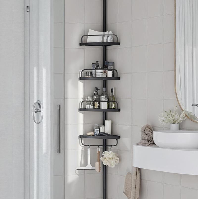 Étagère de Douche Réglable en Hauteur, 4 Niveaux, Hauteur 85 à 305 cm, Rangement de Salle de Bain