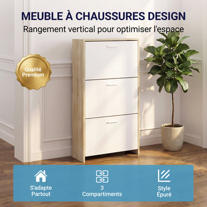 Meuble à chaussures avec 3 compartiments à abattant, armoire de rangement en bois pour jusqu'à 18 paires, organisateur d'entrée peu encombrant