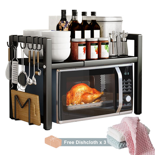 Étagère Micro-ondes Extensible 2 Niveaux avec 5 Crochets, Support Planche à Découper et 3 Serviettes, Rangement de Cuisine, Étagère pour Plans de Travail, Extensible 40-64 cm (Noir, Blanc)