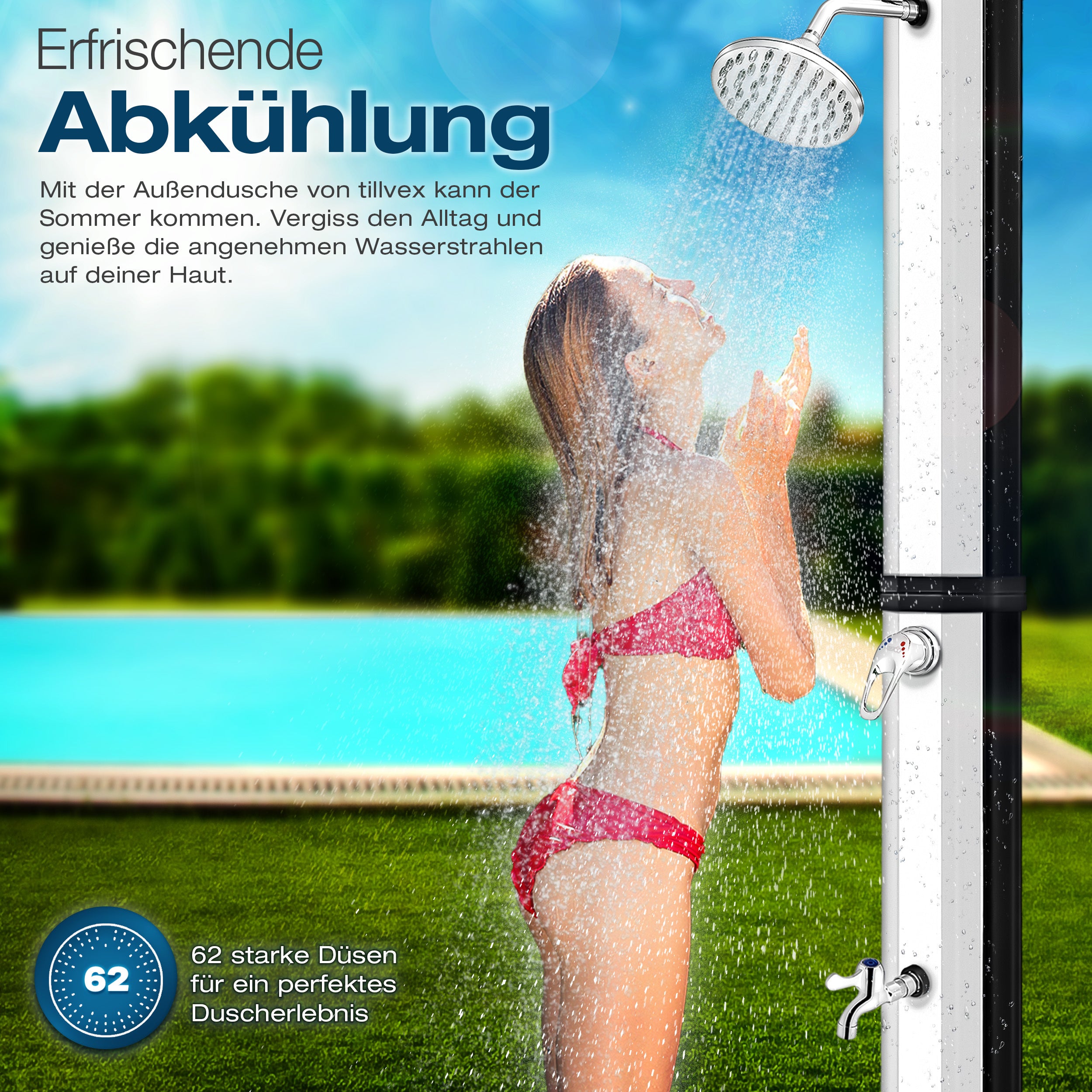 Tillvex® Douche Solaire 20 - 60 Litres Incluant Couvercle Douche Solaire de Jardin pour Piscine Extérieure Ensemble Complet Eau Chaude Camping Sans Connexion Électrique avec Robinet d'Eau Raccord de Tuyau d'Arrosage de Jardin