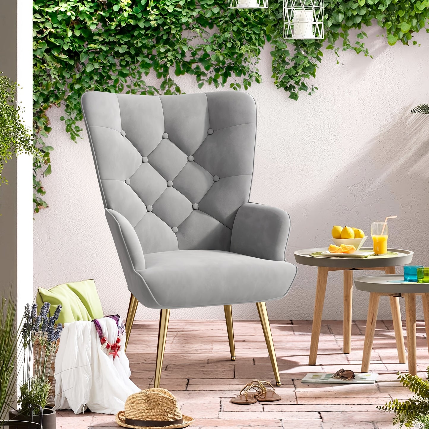 Fauteuil Relax, Fauteuil à Ailes Style Scandinave, Élégant Fauteuil Rembourré, Chaise de Coiffeuse, avec Pieds en Métal, Fauteuil pour Salon, Chambre à Coucher, Charge Maximale 150 Kg