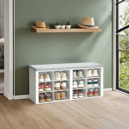 Banc de Rangement pour Chaussures, Siège avec Étagère, Incluant un Meuble, Coussins Rembourrés, Doté de 12 Compartiments, Convient aux Salons, Couloirs et Chambres, dans une Couleur Blanc-Gris