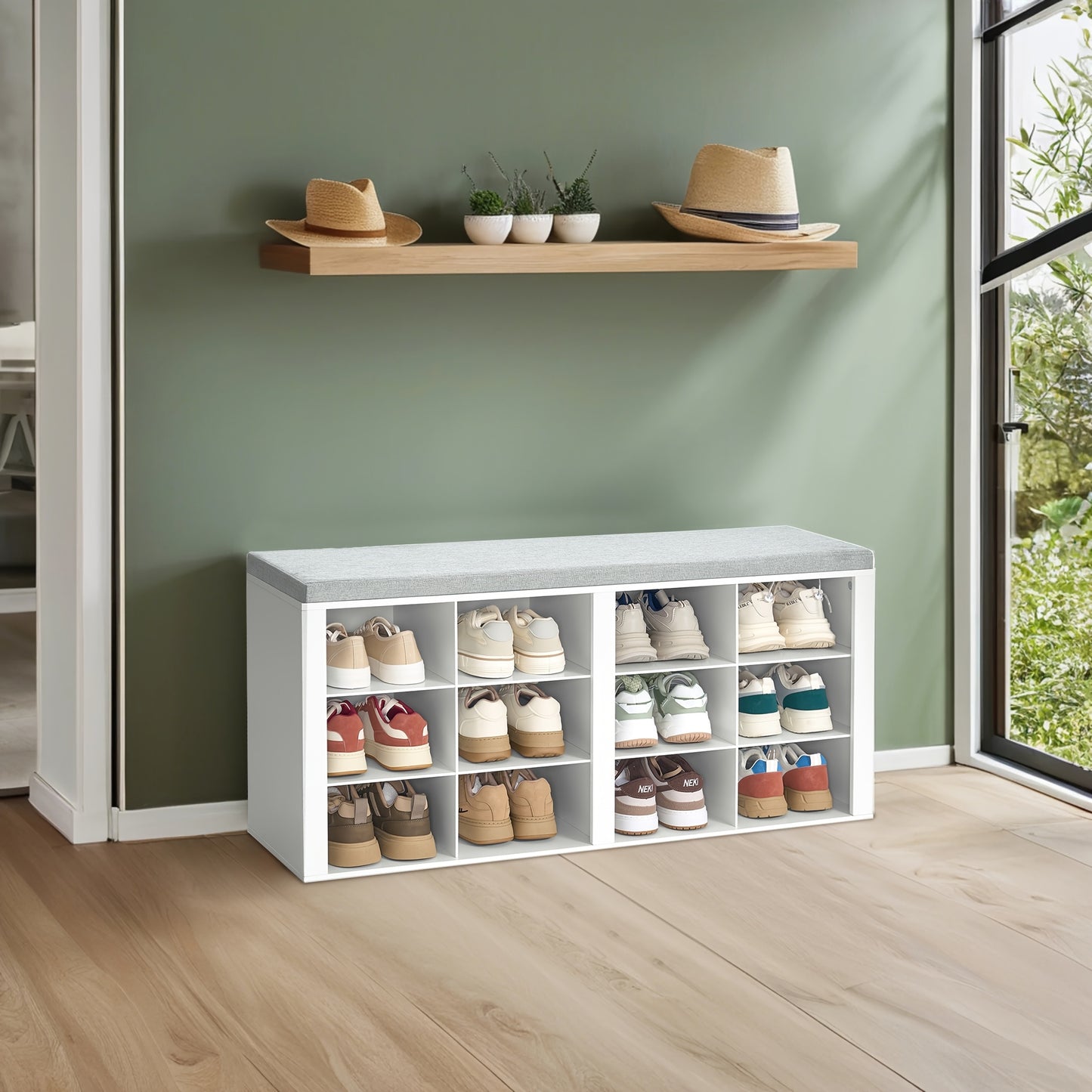 Banc de Rangement pour Chaussures, Siège avec Étagère, Incluant un Meuble, Coussins Rembourrés, Doté de 12 Compartiments, Convient aux Salons, Couloirs et Chambres, dans une Couleur Blanc-Gris