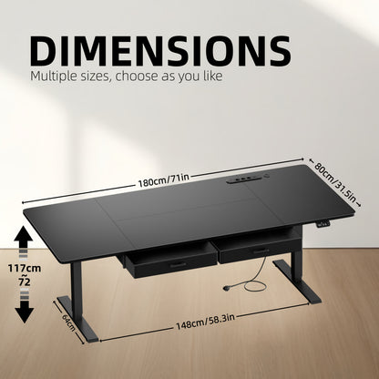 Bureau Électrique Réglable en Hauteur avec 2 Tiroirs, Prises Intégrées sur le Plateau Ergonomique - Solution Polyvalente pour Bureau à Domicile, Adultes