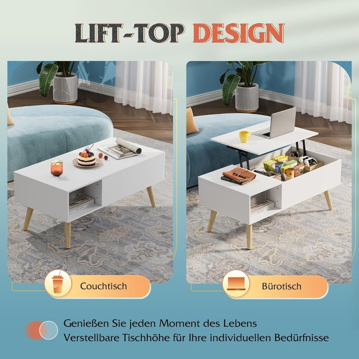 Table Basse Réglable en Hauteur, Extensible, Table de Salon avec Grand Compartiment de Rangement Caché, Plateau de Levage, Table Basse pour Bureau, Table de Canapé