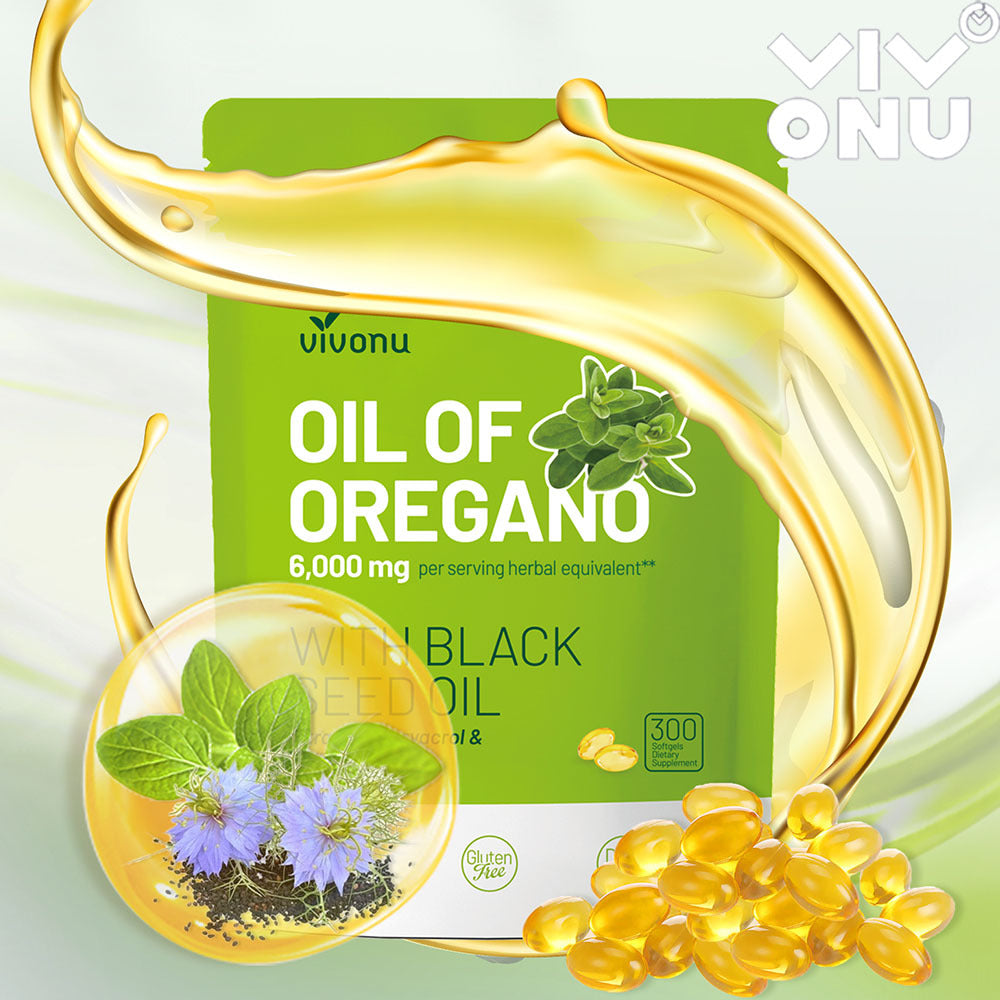 VIVONU Huile d'origan plus huile de graine noire, huile d'origan équilibrée en capsules, gélules d'huile d'origan, carbophénol, thyquinone