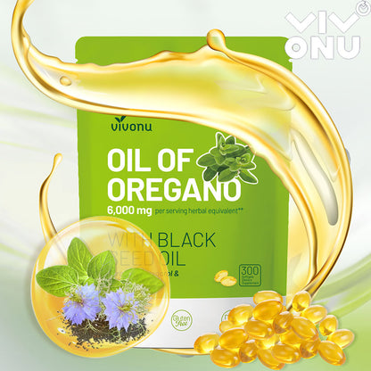 VIVONU Huile d'origan plus huile de graine noire, huile d'origan équilibrée en capsules, gélules d'huile d'origan, carbophénol, thyquinone