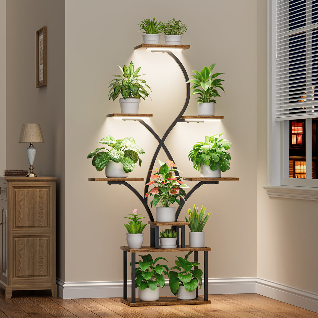 Un support d'escalier à plantes d'intérieur avec lumières de croissance, un présentoir d'angle à 8 niveaux, mesurant 157,7 cm, conçu comme un étagère haute en métal polyvalent pour les plantes et les loisirs créatifs. Cette étagère en forme de pic de fleu