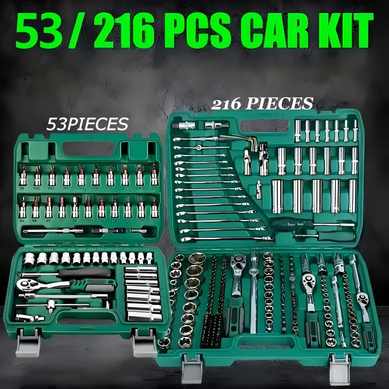 Lot de 216 et 53 pièces, trousse d'outils mécanique professionnelle haut de gamme, douilles standard et de profondeur 1/2" * 1/4" 3/8" drive, clé à cliquet, clé dynamométrique, pour réparation auto pièces et outillage mécanique ménager, outils réparation