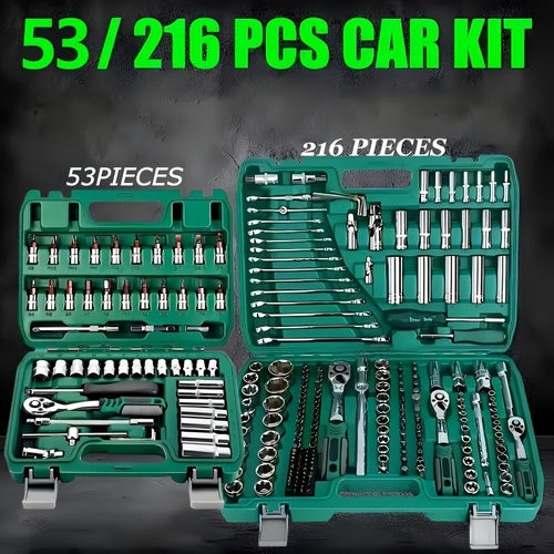 Lot de 216 et 53 pièces, trousse d'outils mécanique professionnelle haut de gamme, douilles standard et de profondeur 1/2" * 1/4" 3/8" drive, clé à cliquet, clé dynamométrique, pour réparation auto pièces et outillage mécanique ménager, outils réparation