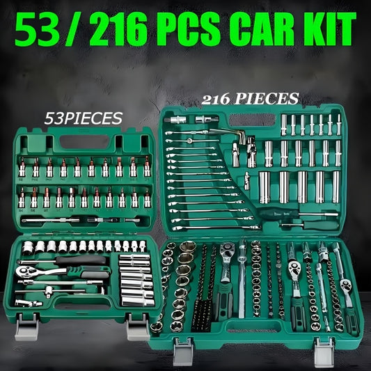 Lot de 216 et 53 pièces, trousse d'outils mécanique professionnelle haut de gamme, douilles standard et de profondeur 1/2" * 1/4" 3/8" drive, clé à cliquet, clé dynamométrique, pour réparation auto pièces et outillage mécanique ménager, outils réparation