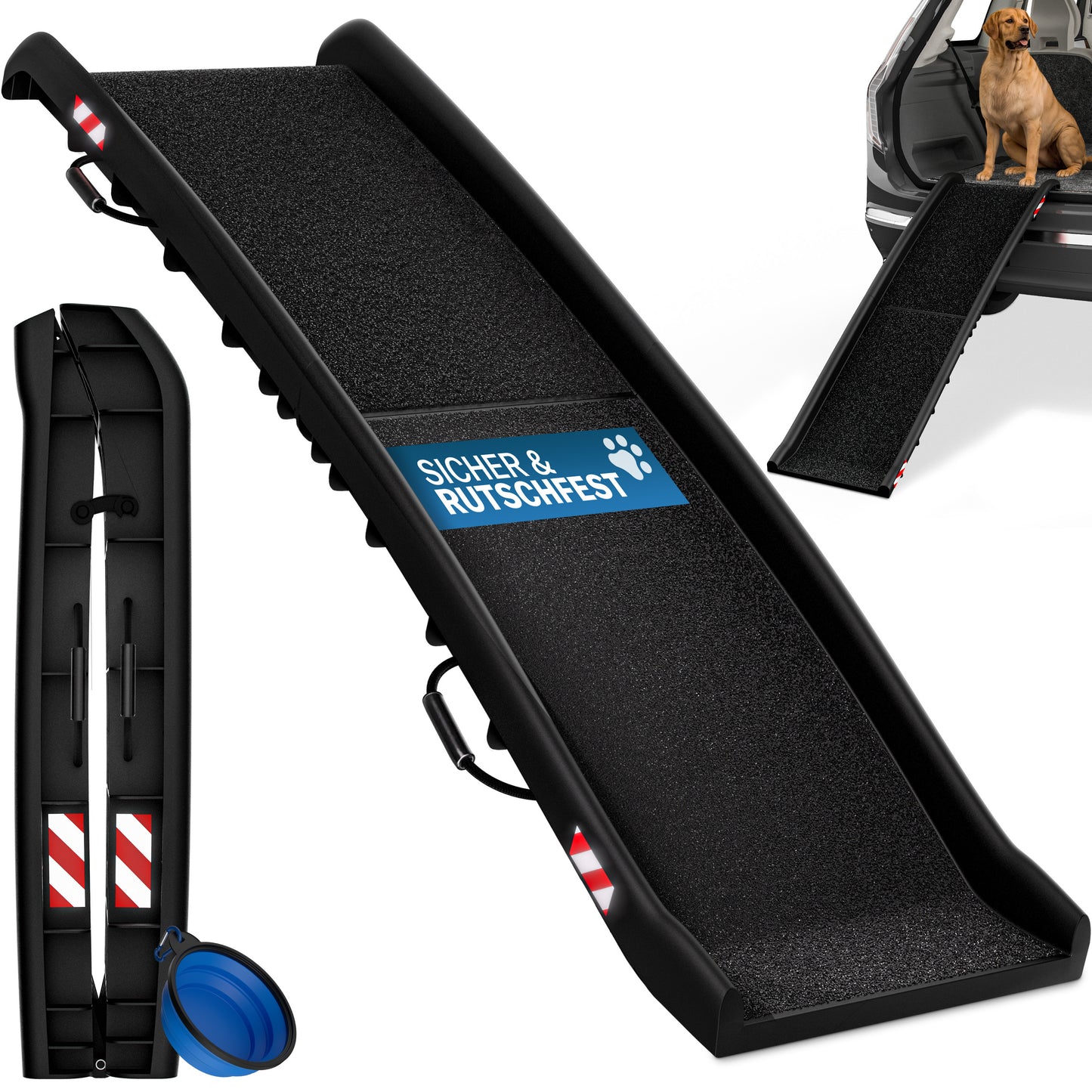 CADOCA® Rampe pour Chien Pliable Auto 90KG Compacte 156X40Cm Poignée de Transport Boucle de Sécurité Réflecteurs Gamelle d'Eau Chien Chat Antidérapant Aide à l'Entrée Facile