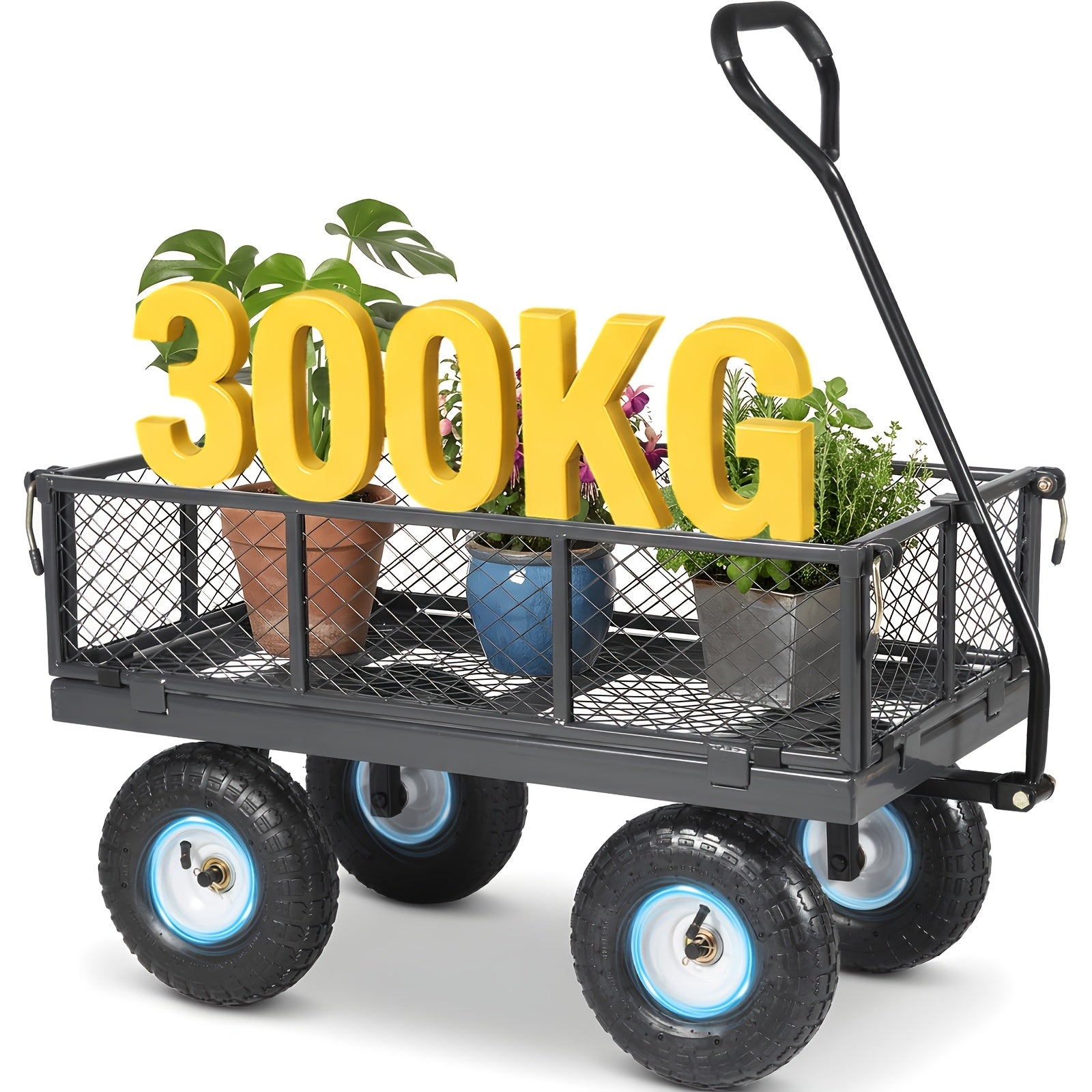 Chariot de jardin et plateau roulant Titan authentique et robuste, capacité de charge 500 kg/300 kg, chariot convertible 3-en-1 et plateau roulant, poignée ergonomique brevetée, pneus en caoutchouc à air, robuste et antirouille, capacité de 200 L, gris