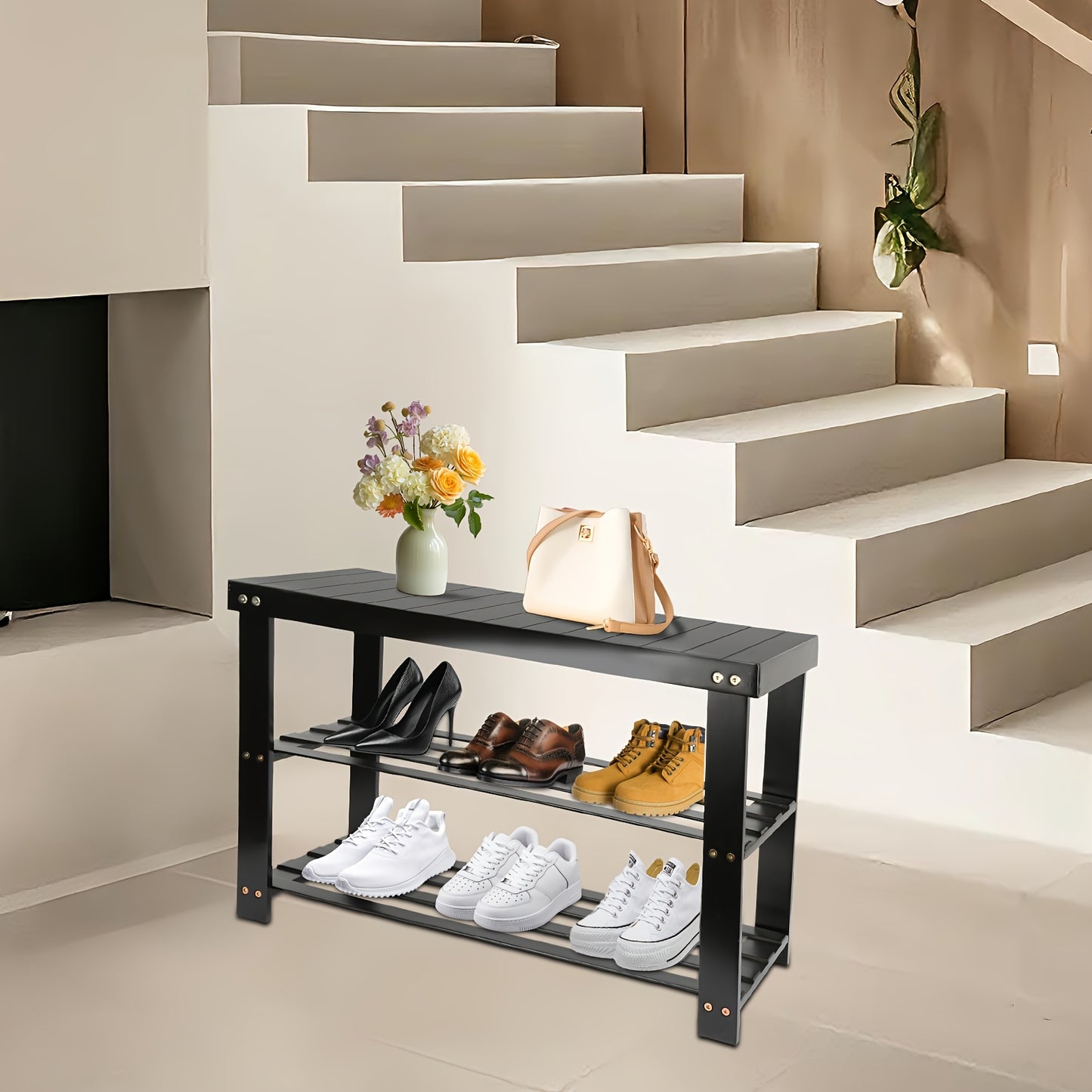 Tabouret à chaussures en bambou de 70*27*42 cm, un article ménager polyvalent et facile à utiliser avec un support de rangement à deux niveaux et un banc à chaussures, conçu de manière compacte pour une utilisation dans les salons et les balcons