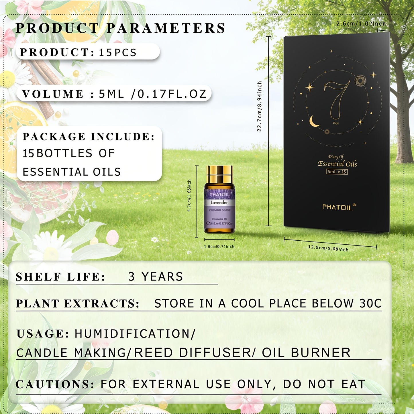 PHATOIL Kit Cadeau de 15 Huiles Essentielles 5ml/0.17fl.oz pour Diffuseurs, Humidificateurs, Fabrication de Bougies - Coffret Cadeau Parfait pour Amoureux, Famille, Amis - Cadeaux de Noël, Cadeaux de la Saint-Valentin, Cadeaux de Pâques, Cadeaux de la Fêt
