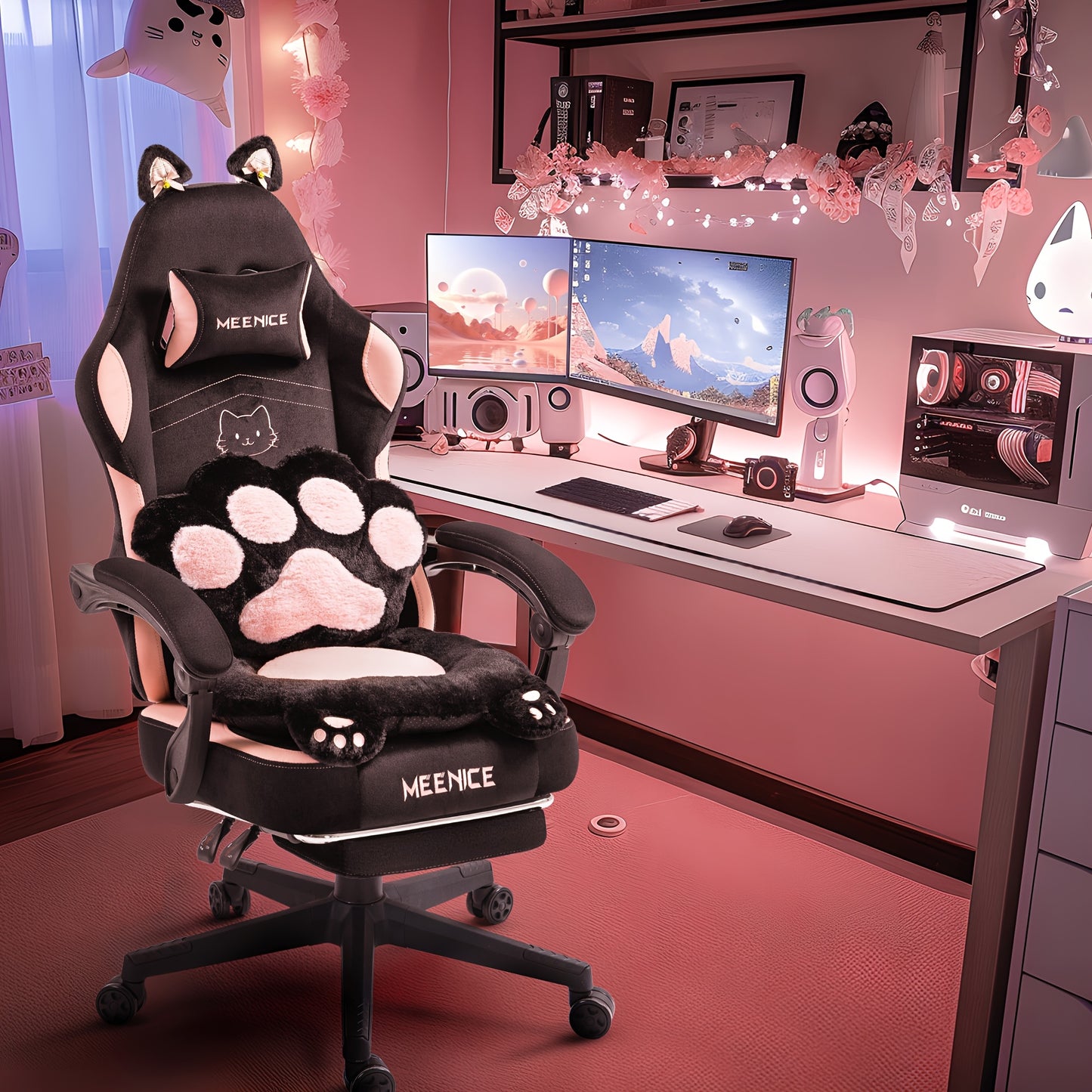 Chaise de Gaming Rose avec Coussin Lombaire Mignon en Forme d'Oreilles de Chat & Repose-Pieds Réglable - Chaise de Bureau Ergonomique pour Filles/Adultes, Capacité de 136,08 KG, Chaise de Gaming Douce avec Design Mignon de Patte de Chat, Confort Ultime !