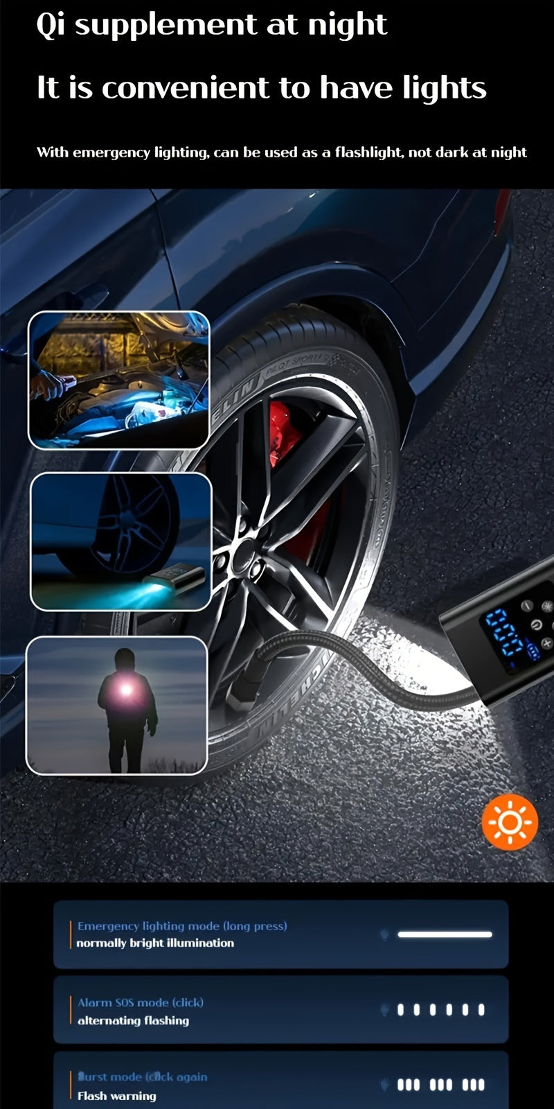 Compresseur d'air portable avec 3 batteries rechargeables, écran LCD, lumière LED et mode SOS - Idéal pour voitures, motos et vélos