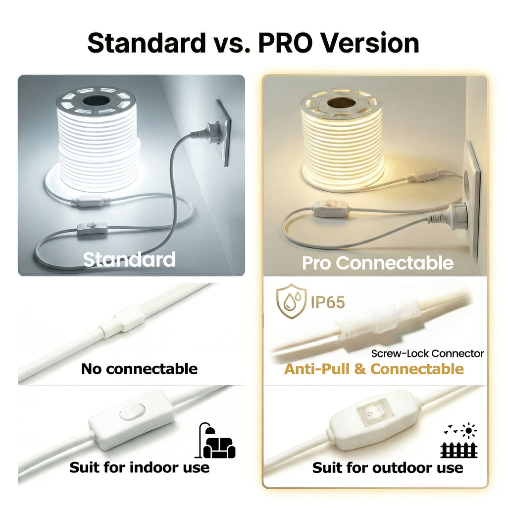 Bande LED COB IP65 jusqu'à 50m, 220V/230V, Flexible Blanc Chaud Blanc Froid, Bande Néon en Silicone pour Intérieur Extérieur, Chambre, Patio, Fête, DIY et Décoration Maison, pour Enseignes, Murs, Bar, Éclairage de Fête, 2m/20m/30m/50m